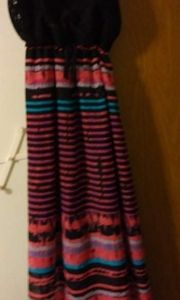 Purple dress with black lace top and stripes